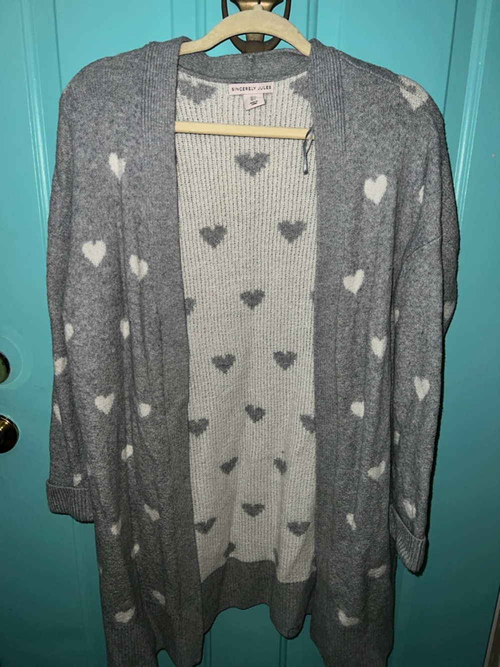 Sincerely Jules Gray and White Heart-Print Open Cardigan